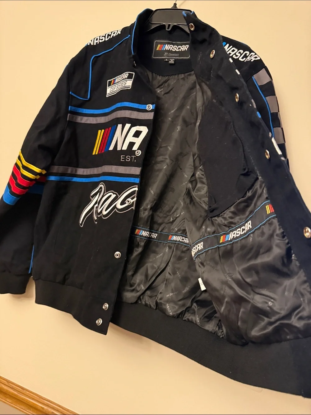 Nascar Black Racing Jacket with Multicolor Stripe Accents - Picture 3 of 6